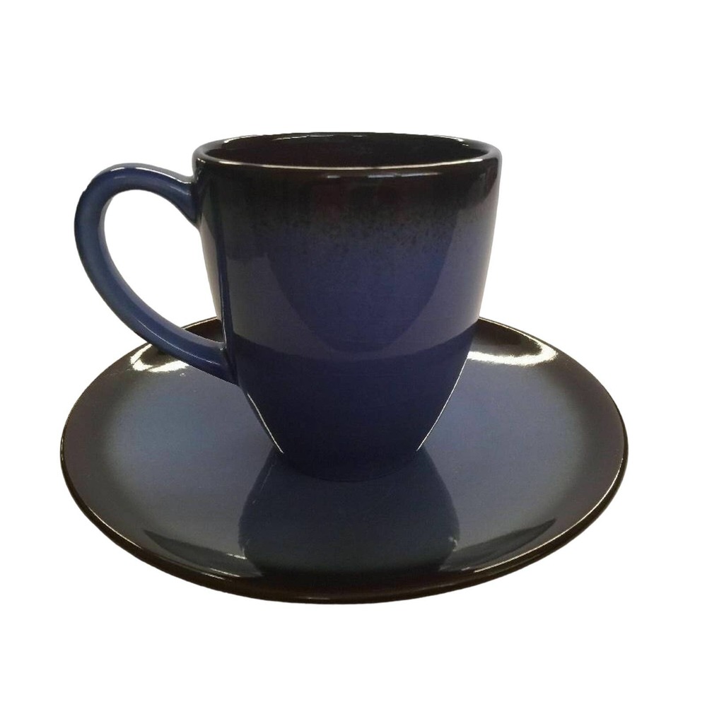 Art Pottery Blue Brown Coffee Mug & Saucer Glossy Crackle Glaze Ceramic Youmei